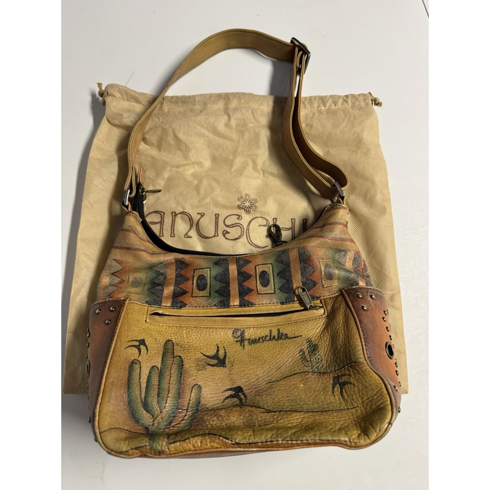 Anuschka Leather Bag Southwestern Cactus Handpainted Purse Bag Tribal Vintage